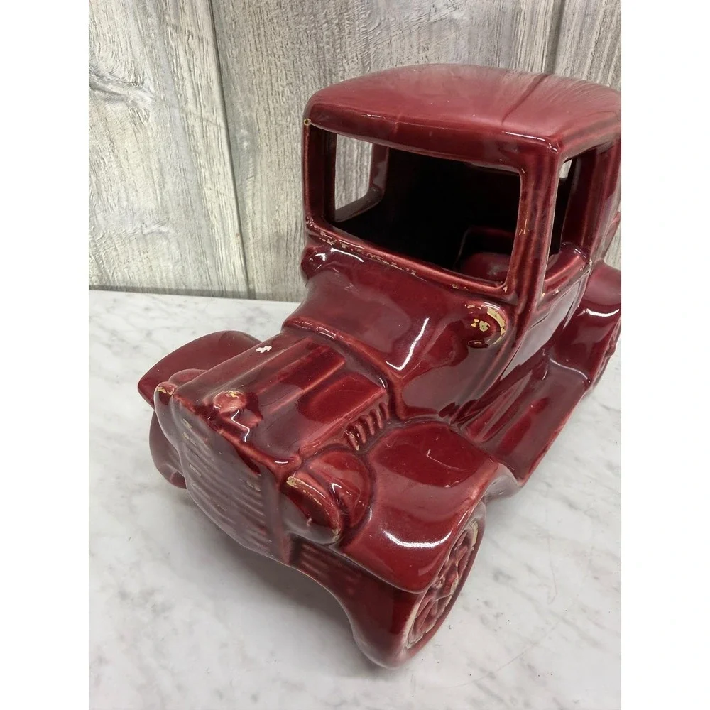 Vintage Ceramic Antique Car Planter Burgundy Red Model T Novelty Pottery Vases